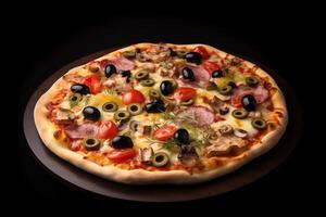 Pizza vegetariano. italiano Pizza con Mozzarella, olive, salsiccia, e verdure su nero sfondo. ai generato foto