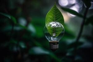 leggero lampadina su verde foglie per rinnovabile energia concetto. ai generato foto