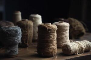 tessile industria. scolorito lana fibre su tavolo con fili. ai generato foto