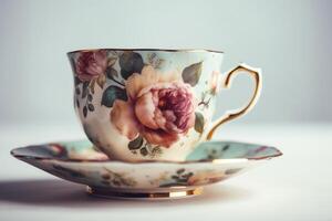 Vintage ▾ tazza di tè su bianca sfondo. ai generato foto