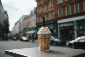 dolce ghiacciato caramello latte macchiato nel città centro. ai generato foto