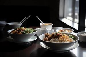 Cinese cibo su bianca ciotola impostare. ai generato foto