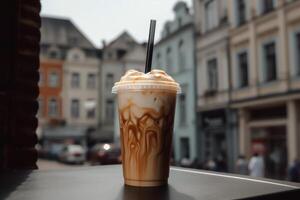 dolce ghiacciato caramello latte macchiato nel città centro. ai generato foto