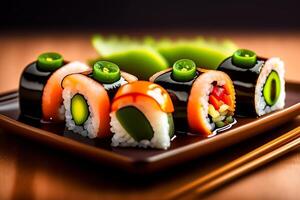 giapponese cucina - maki Sushi con riso e verdure. ai generato foto