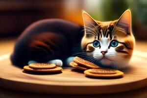 carino Zenzero gatto mangiare biscotti su un' di legno piatto con sfocato sfondo. 3d rendere. ai generato foto