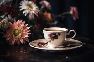 caffè tazza con fiori su tavolo. ai generato foto