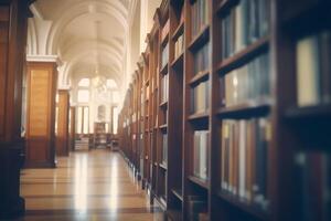 sfocato biblioteca interno con Vintage ▾ libreria. ai generato foto