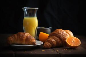 arancia succo e brioche prima colazione. ai generato foto