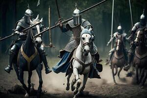 epico campo di battaglia eserciti di medievale cavalieri combattente con spade. neurale Rete ai generato foto