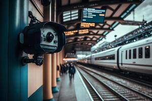 cctv telecamera operativo su treno stazione piattaforma. neurale Rete ai generato foto