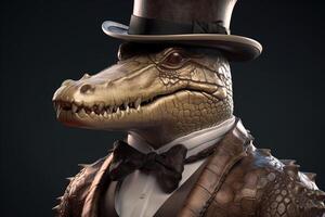 signore capo coccodrillo aligator nel cappello, completo da uomo e legare. bandiera intestazione. ai generato. foto