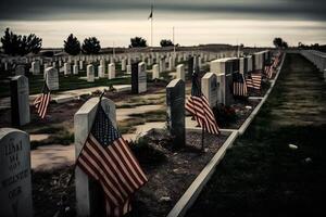 americano bandiera agitando Il prossimo per un' tomba a il americano cimitero e memoriale. neurale Rete ai generato foto