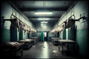 un' lotto di metà mucca pezzi fresco sospeso e disposte nel un' grande frigo nel il macello frigo carne industria. neurale Rete generato arte foto