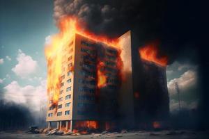 multipiano residenziale o ufficio edificio su fuoco incidente. neurale Rete generato arte foto