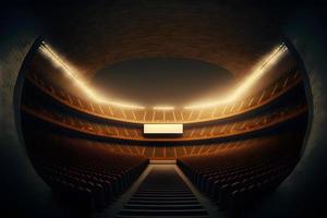 interno Visualizza di un illuminato calcio stadio per un' gioco. neurale Rete generato arte foto