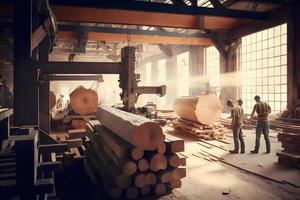 la lavorazione del legno segheria produzione e in lavorazione di di legno tavole nel un' moderno industriale fabbrica montaggio linea nel produzione. neurale Rete generato arte foto