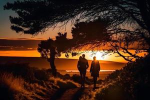 un' gruppo di persone a piedi in il tramonto. bellissimo paesaggio. neurale Rete generato arte foto