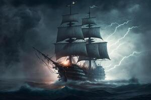 andare in barca vecchio nave nel tempesta mare su il sfondo nuvole con fulmine. neurale Rete ai generato foto