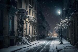 inverno città strada paesaggio. neurale Rete ai generato foto