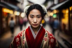 ritratto di un' giapponese donna nel nazionale Abiti. neurale Rete ai generato foto