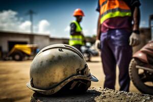 costruzione lavoratore Tenere un' sicurezza casco. neurale Rete ai generato foto