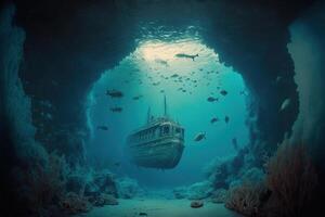 fantasia subacqueo paesaggio marino con vecchio naufragio. generativo ai foto
