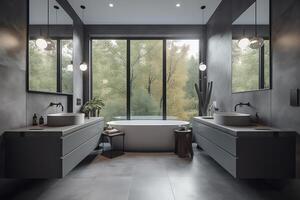 grigio bagno con Doppio Lavello e panoramico finestra. ai generato foto