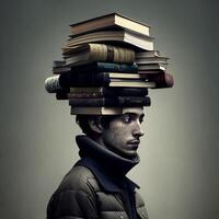 un' uomo con pila di libri attaccare su di il suo testa. creato con ai utensili foto