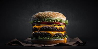il delizioso hamburger nel il nero sfondo con ai generato. foto