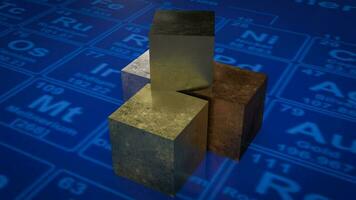 il metallo cubo su periodico tavolo per formazione scolastica o sci concetto 3d interpretazione foto