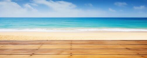 vuoto di legno tavolo con tropicale mare e spiaggia sfondo. generativo ai foto