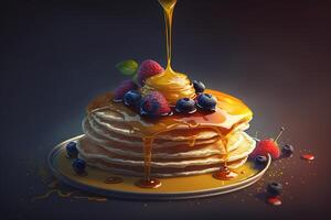 d'oro acero sciroppo versato su un' pila di delizioso Pancakes con frutta. ai generativo foto