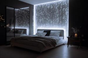 freddo Camera da letto con guidato luce. Natale vigilia. ai generato foto