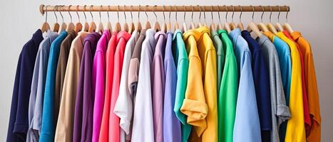 moda Abiti su capi di abbigliamento cremagliera - luminosa colorato guardaroba. avvicinamento di arcobaleno colore scelta di di moda femmina indossare su grucce nel memorizzare guardaroba o primavera pulizia concetto. estate casa armadio. foto