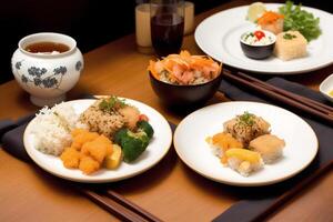 giapponese cucina. Sushi e rotoli su il tavolo nel il ristorante. generativo ai foto