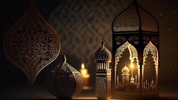 Ramadan sfondo con un' lanterna leggero nel il buio con un' blu sfondo creato di ai generato foto