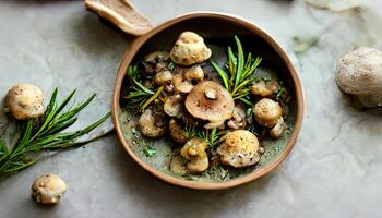 eccezionale ciotola di bambino bella funghi e mazzo di fresco rosmarino su rustico di legno sfondo. generativo ai foto