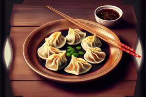 Cinese Ravioli nel il piatto su il tavolo 5 foto