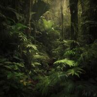 un' denso giungla con un' verde folia ai generativo foto