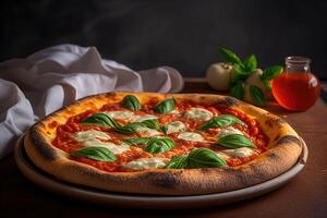 napoletano Pizza margherita. tradizionale Pizza margherita con oliva olio. italiano fatti in casa Pizza con fresco Mozzarella e basilico le foglie. generativo ai illustrazione foto