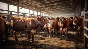 Manzo bestiame mucche mangiare a il azienda agricola, generato ai Immagine foto