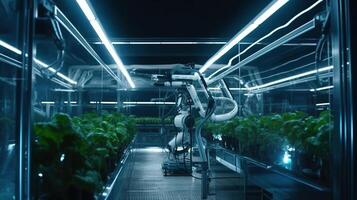 inteligente agricoltura agricolo tecnologia robotica braccio raccolta idroponica lattuga nel un' serra, ai generato Immagine foto
