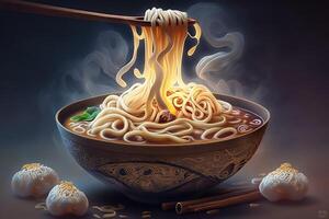 Cinese ciotola di cottura a vapore spaghetti, illustrazione, ai generato foto