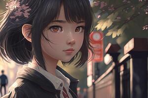 illustrazione di un' Giappone anime scolara con Marrone occhi e Marrone capelli, sembra inoltrare strada nel sfondo ai generato foto