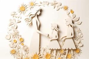 carta tagliare di un' madre e figlia con fiori su un' bianca sfondo generativo ai foto