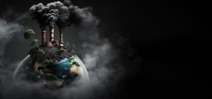 Salva pianeta, Fumo a partire dal camino su globo, nero sfondo, isolato. ai generato. foto