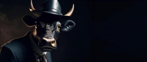 animale cornuto Toro nel cowboy cappello signore e capo. ai generato. intestazione bandiera modello con spazio. foto