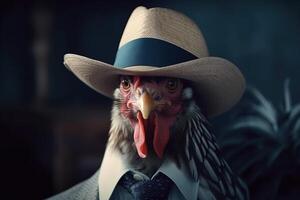 Gallo signore nel un' completo da uomo, legare, cappello e bicchieri su un' nero sfondo. ai generato. foto