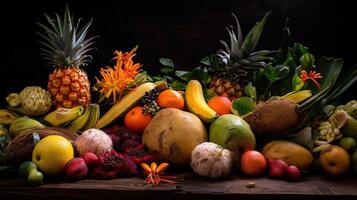 assortito esotico tropicale verdure su nero sfondo isolato. azienda agricola prodotti per il negozio. ai generato. foto