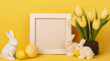 gratuito foto un vuoto bianca confine telaio decorato con giglio fiori, coniglio figurina e Pasqua uova su giallo sfondo, generat ai